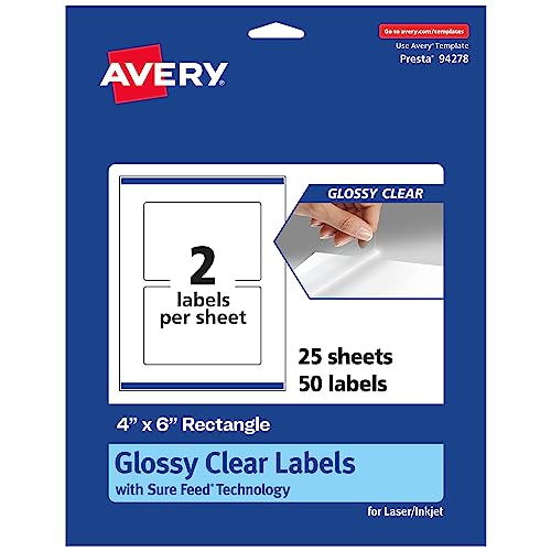 Avery Glossy Clear Rectangle Labels, Sure Feed Technology, 4" x 6", 50 Glossy Clear Labels, Print-to-The-Edge, Laser/Inkjet Printable by Avery - Used condition - US$13.18