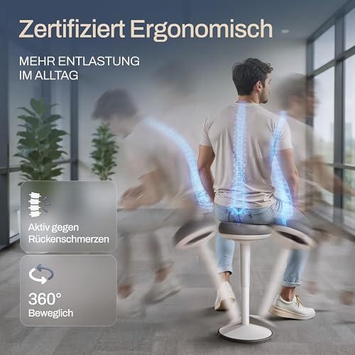 Wohnperle Ergonomiczny stołek biurowy, certyfikowany, 2 w 1, stołek z regulacją wysokości, ergonomiczny, do biura i biurka, stołek wahadłowy z efektem huśtawki