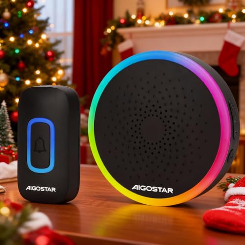 Aigostar Sonnette sans Fil Exterieur Etanche sans Pile, IP55 Étanche Sonnette sans Fil avec Lumière RVB, 60 Mélodies et 5 Niveaux, Carillon sans Fil pour...