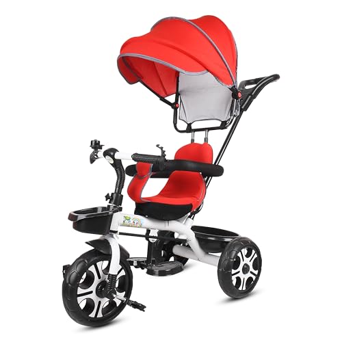 Image of BABY SMILE 4-in-1 Kids Tricycle with Adjustable Canopy, Parent Push Handle, Red and White (RED)