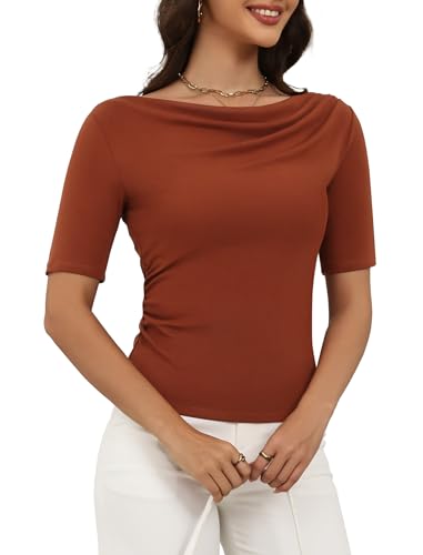 Women's Cowl Neck Half Sleeve Top Flowy Lyocell Summer Casual Tunic Tops Slim Fit Dressy T-Shirts