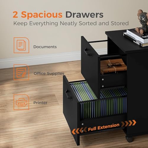 Image of Simple Deluxe 2 Drawer Filing Cabinet, Wood Rolling Filing Cabinets with Printer Stand, Under Desk Storage Lockable Wheels, Home Office Organizer for A4 Letter Legal Size Documents,Black
