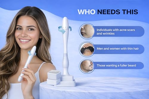 Image of Derma Stamp for Hair Regrowth & Facial Spa, Titanium Coated Adjustable Needles 0.25mm to 3mm, 140 Microneedling Stamp for Skin Repair, Face, Hair & Beard Growth, Reusable derma pen, Reduces Acne Scars, Safe & Effective To Use (Off White)