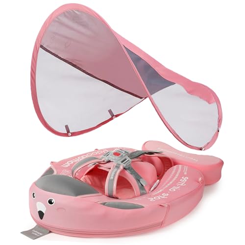Image of Mambobaby Float with Canopy Baby Swimming Float Non Inflatable Baby Pool Float with Upgraded Tail Removable Sun Canopy UPF 50+ for Toddler Infant 3-24 Months No Flip Over, Pink