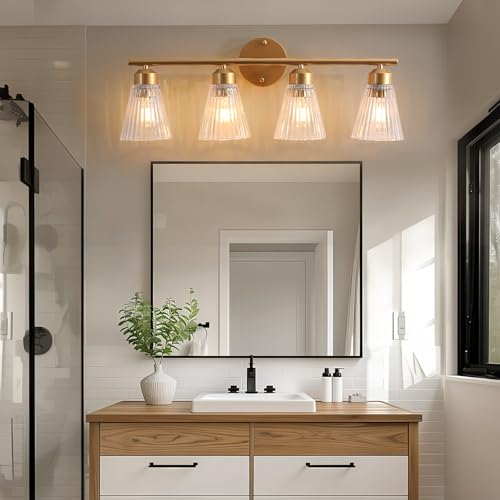 Image of 4-Light Bathroom Vanity Light, Painted Gold Bathroom Light Fixtures Over Mirror with Stripe Glass, Modern Wall Lamp, Wall Sconces Lighting for Living Room Bedroom Kitchen Hallway