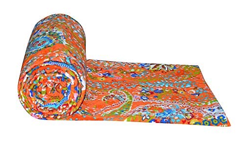 Yvancrafts Indian Cotton Kantha Quilt Floral Print Orange Quilt Blanket Gudri Bedspreads Throw