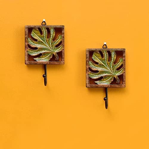 Image of AAKRITI ART CREATIONS Autumn Leaf Towel Hanger with Single Hook | Rustic Wood Wall Organizer with 2 Hooks | Storage Hook for Towels, Cloths, Napkins | Multifunctional Wall Decor Item