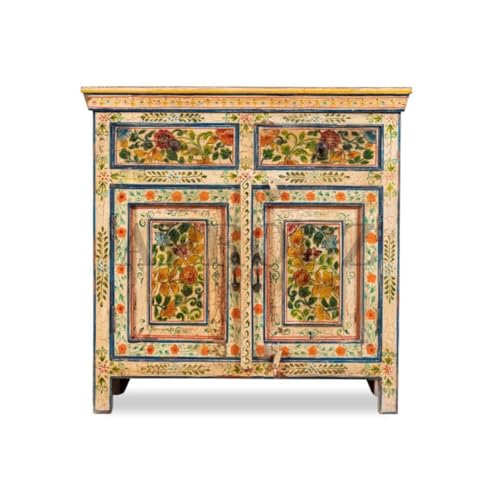 Image of APRODZ Hand-Painted Solid Wood Sideboard Cabinet with 2 Doors & 2 Drawers | Wooden Storage Cabinet for Bedroom Living Room & Kitchen | Crockery Cabinet, Kitchen Storage | Multicolor, 34x16x30 Inches