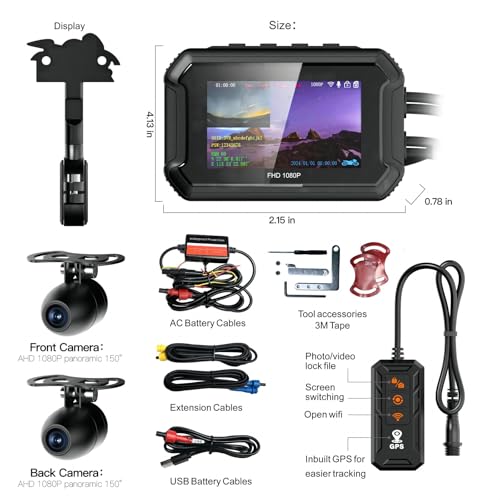 SUPTRANSE Câmera de painel de motocicleta, câmera de motocicleta 1080p + 1080p frontal e traseira, t