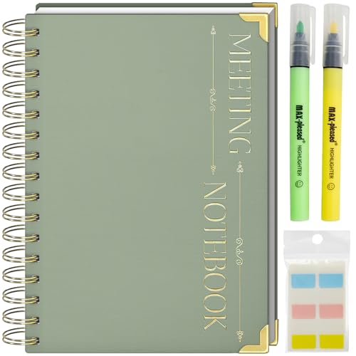 Meeting Book Includes Two Highlighters Yellow Green to Make Notes Easier Meeting Notebook Also Includes Adhesive Tabs Note Book for Work + 100 pages [ A5 Size 8.5x6] note planner