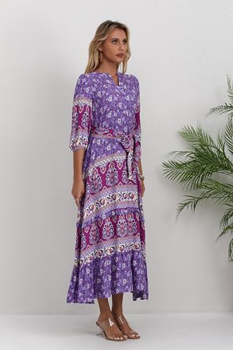 Image of Women Boho High-Waist Floral Print Maxi Dress 3 /4 Sleeve Casual | Soft Rayon, Breathable, Quick-Dry. High-Waist with Adjustable Belt, Flattering Hem. Ideal for Beach, Work & Dating.
