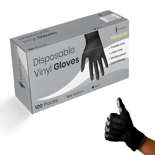 100 x Black Premium Disposable Gloves | Double Thickness | Vinyl Gloves Disposable | Latex free Gloves | Powder Free Gloves | Black Gloves Disposable | (1 Pack of 100, Medium)