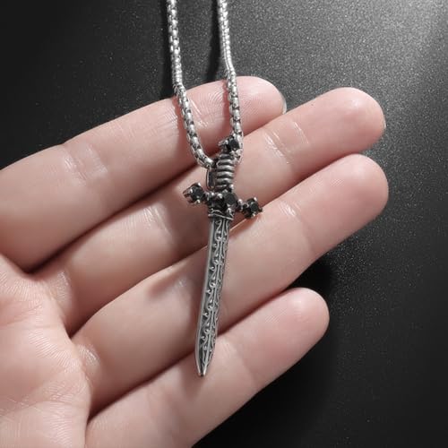 Gothic Silver Black Sword Pendant Necklace, Unique Non Tarnish Silver Plated Sword Choker Necklace Trendy Halloween Christmas Grunge Necklaces for Women Men2