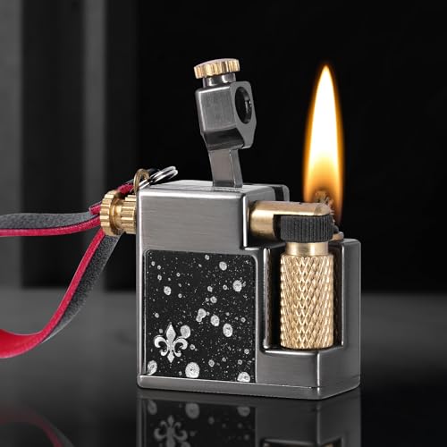 KAMBOLLY Vintage Trench Lighter, Compact Keychain Lighter, Kerosene Fluid Refillable Antique Wick Lighters, Soft Flame Flint Wheel Brass Lighters for Men Dad (Black)