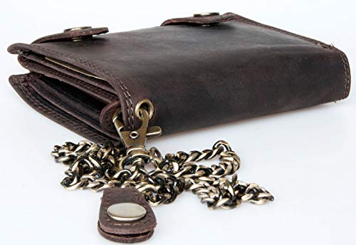 FLW Brown RFID Genuine Leather Wallet with Two Buckles and Metal Chain2