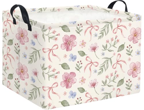 Image of Rectangular Baby Kids Storage Basket for Home Kitchen Girls Cute Toy Storage Bin Organizer Shelf Book Room Decor(Bowknot Flower)