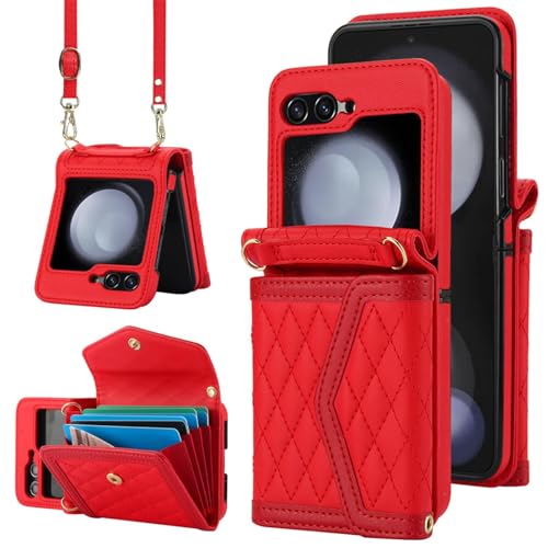 Étui portefeuille en cuir antichoc pour Samsung Z Flip5 rouge avec fentes cartes