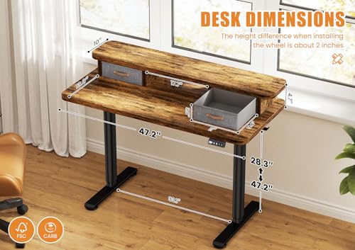 Flycity Electric Standing Desk with Dual Drawers, 48\" x 24\" Height Adjustable Desk Sit Stand Desk with Memory Controller, Casters & 2 Hooks, Low Noise Home Office Desk, Rustic Brown