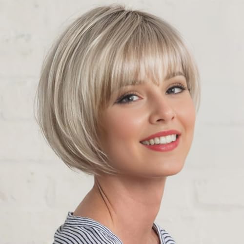TISHINING Blonde Short Bob Wig with Bangs for White women Ombre Blonde Straight Hair Wig with Dark Roots Heat Resistant Synthetic Natural Chin Length Bob Wigs for Daily Party Use(10 Inch)