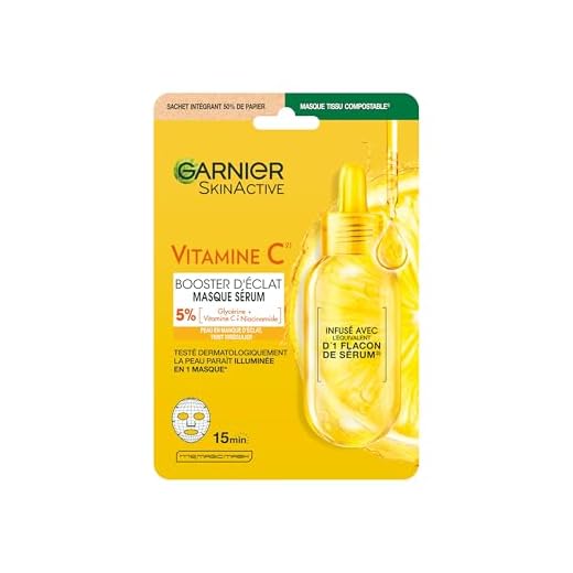 GARNIER Skin Active - Masque Visage Tissu - Super Hydratant & Booster D'Éclat - Vitamine C & Acide Hyaluronique - Vegan & Cruelty Free - Peaux Ternes en Manque D'Éclat - x1