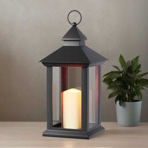 Image of Lanterns Decorative Indoor, 1 Pack Black Decorative Flameless Candle Lanterns with Timer, Vintage 14 inch Waterproof Hanging Outdoor Lanterns, Battery Operated for Porch, Patio, Wedding Decor