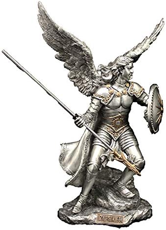 Estatua de Arcángel Rafael de 9 pulgadas, resina Veronese con acabado de peltre