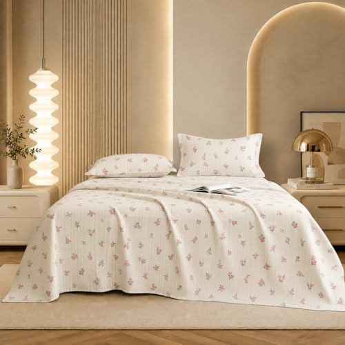 Image of Marrow Lane 300 TC Soft Air Cotton Double Bedsheet | Petite Fleur | Flatsheet with 2 Pillow Covers | Ditsy Rosebud Stripe Print (228.6 x 254 cm, Ivory & Pink)