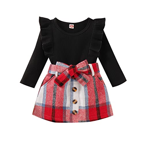 Image of Noubeau Toddler Baby Girls Plaid Outfits Knit Ribbed Sweatshirt Shirt Tops Red Plaid Belt Skirt Fall Winter Clothes (Red-A, 9-12 Months)