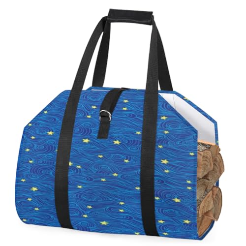 bisibuy Star Wave Swirl Blue Firewood Carrier Large Tote Bag 39" X18” Firewood Holder Waterproof Fireplace Stove Accessories Carrier Bag with Handles for Outdoor Camping Gift