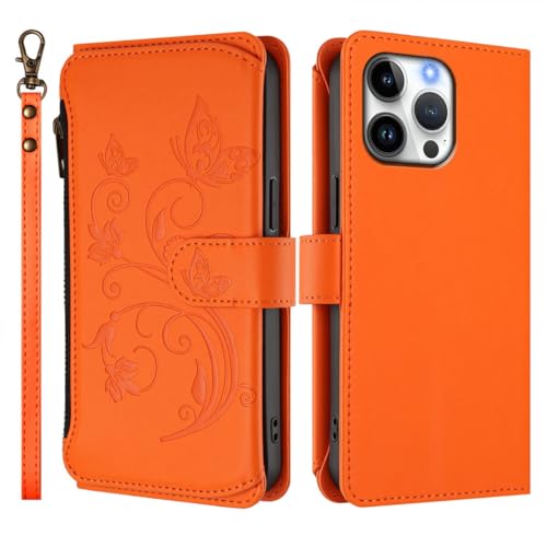 Étui iPhone 14 Pro Max orange housse à rabat en cuir papillon et fermeture éclair