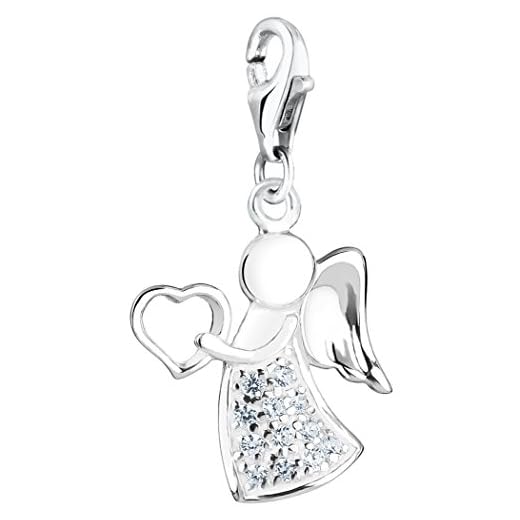 Nenalina Charm-Anhänger „Engel mit Herz“ für Armbänder, Hals-Ketten und alle gängigen Charmträger, 925 Sterling Silber mit 12 Cubic Zirkonia, Glücksbringer mit Karabiner für Bettelarmband 716096-019