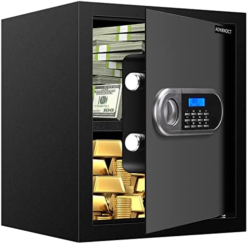 1.53 Cu ft Digital Home Security Safe Box, Home Safe fireproof waterproof with Programmable Keypad Lock and Spare keys, Document Safe for Home Office Hotel Business