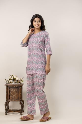 Image of Pure Cotton Printed Night Suit Top and Pyjama Set for Women's Night Dress of Shirt & Pyjama Set for Womens