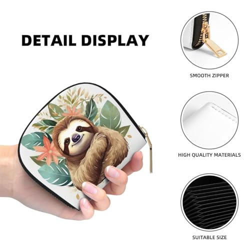 Cute Sloth Leaves Credit Card Holder Wallet, Leather Zipper Card Wallet For Women Ladies Rfid Blocking Card Case Small Coin Purse Accordion Wallet Gift4
