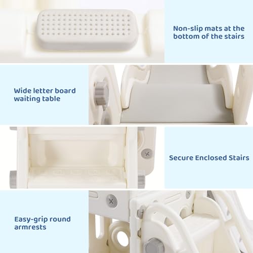 Arlopu Kids Slide L-Shaped, 5 in 1 Slide Climber for Toddler, with Ball & Hoop, Storage Space and Non-Slip Steps, Indoor Outdoor Baby Playset, Ideal for Boys Girls Birthday 3 Years + (White)