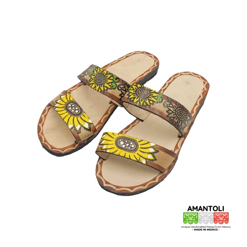 Amantoli Kaffen Sunflower Model - Otomi Huarache - Women 100% Artisan Hand Made | Hand Painted Mexican Leather Hipster Colorful Sandal | Flats | Huarache Artesanal - Hecho A Mano Handcrafted In Mexico (Us 7, Double Strap) #TOP2