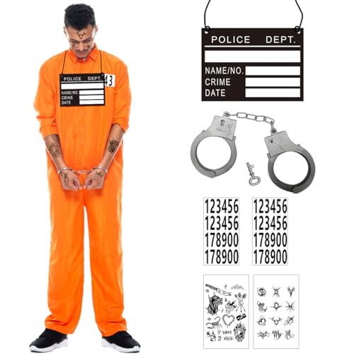GTJEOI Disfraz Carcel Naranja Hombre, Disfraz de Prisionero con Accesorios, Dis-fraz Convicto Hombre, Mono de Prisionero para Halloween, Carnaval, Cosplay, Fiesta Tematica (XL)