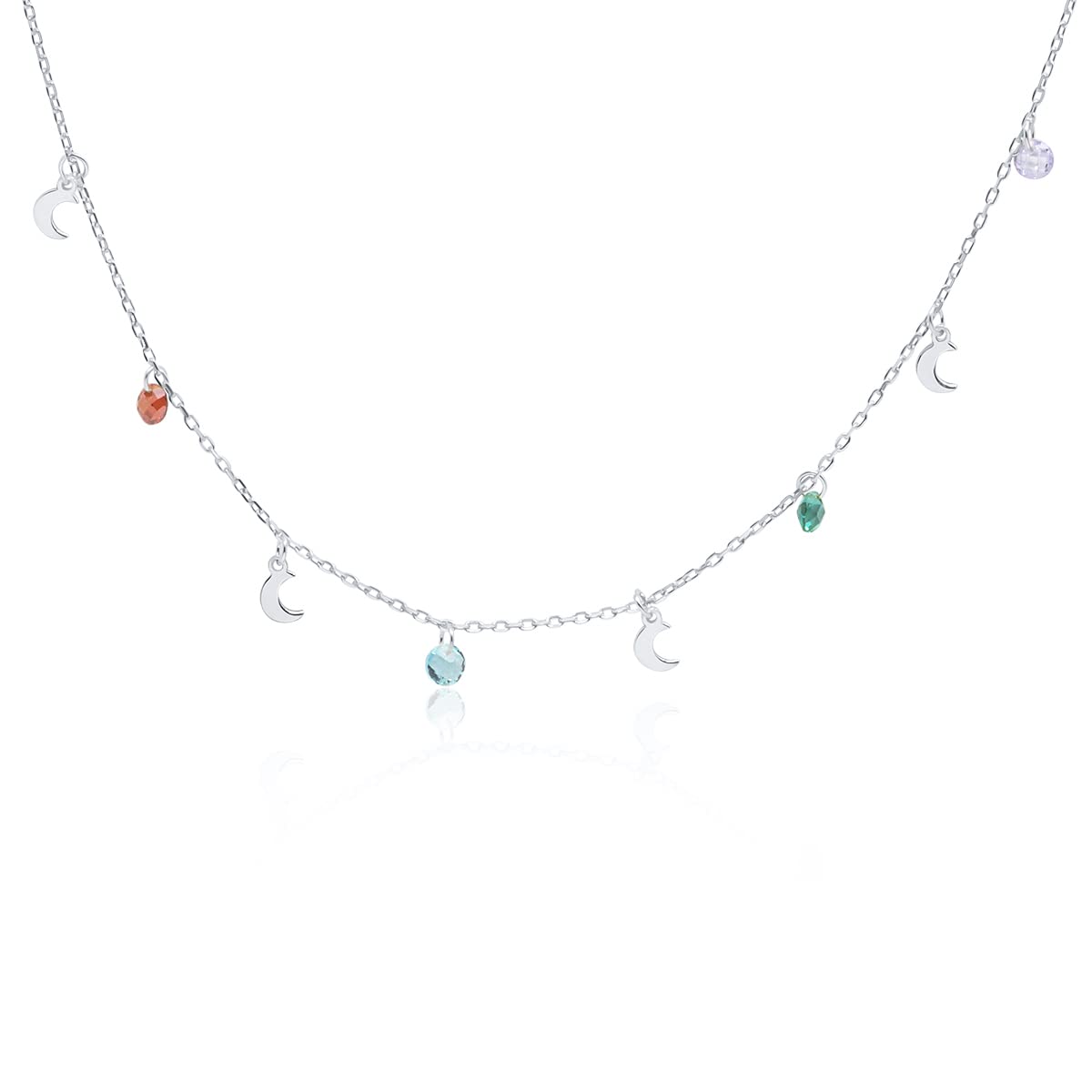 WANDA PLATAGargantilla Collar Lunas y Circonitas Plata de Ley, para Mujer Joven, Chica con Cadena Regulable en Caja de Regalo
