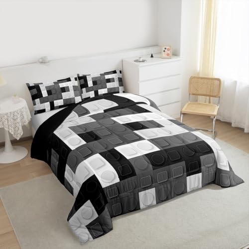 Image of Feelyou Building Blocks Games Toy Comforter Set Queen Size Kids Boys | Teens Brick Breathable Duvet Set Quilt Set Room Decor Black Grey Warm Cozy Lightweight All Season