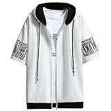 [KOTRBOY] メンズ パーカー半袖 ジップアップ 前開き フード付き Tシャツ 夏服 羽織り アウター 通気性 涼しい おしゃれ カジュアル ストリート 大きいサイズ 通勤 デート 部屋着 ゆったり シンプルG white-2XL