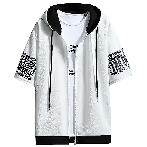 [KOTRBOY] メンズ パーカー半袖 ジップアップ 前開き フード付き Tシャツ 夏服 羽織り アウター 通気性 涼しい おしゃれ カジュアル ストリート 大きいサイズ 通勤 デート 部屋着 ゆったり シンプル white-3XLの商品画像（Amazon）
