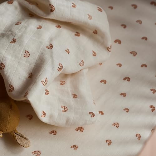 Image of Crib Sheets - Organic Cotton Muslin Fitted Crib Sheet - Standard Size for Baby Boy and Baby Girl 28 inch x 52 inch Ultra-Soft and Breathable. (Rainbows)