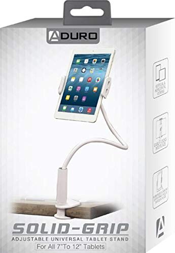 Aduro Solid-Grip iPad Stand Holder 360 Adjustable Universal Gooseneck Lazy Tablet Stand for Desk – Swivel Durable Rubberized Video Mount for Recording Holder (White)