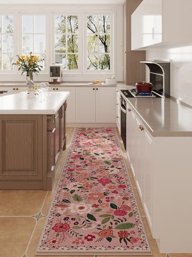 Runners for Hallways Kitchen Runner Rug Non Slip 2'x 10' Long Washable Rugs with Rubber Backing Soft Floral Carpet Runner for Hallways, Kitchen, Laundry, Bedroom, Bathroom(Pink)