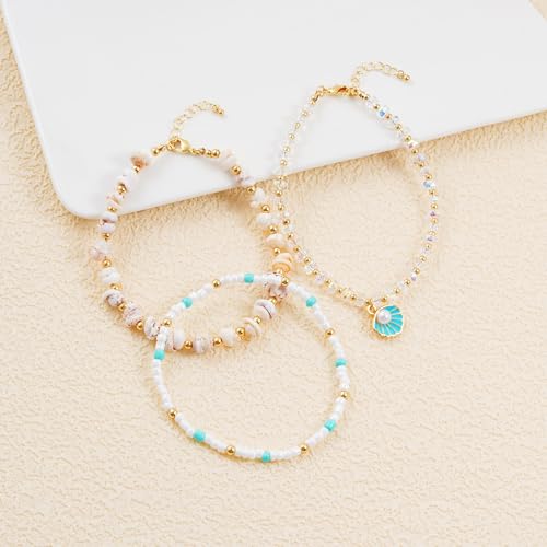 Image of RISHEGAE Shell Anklet Bracelets for Women 14K Gold Plating Boho Bead Anklet Adjustable Womens Anklets Stretch Summer Beach Shell Drawstring Starfish Daisy Anklets Accessories Jewelry Gifts