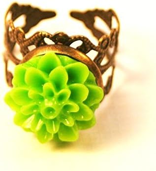 Lime Green Flower Brass Filigree Adjustable Ring