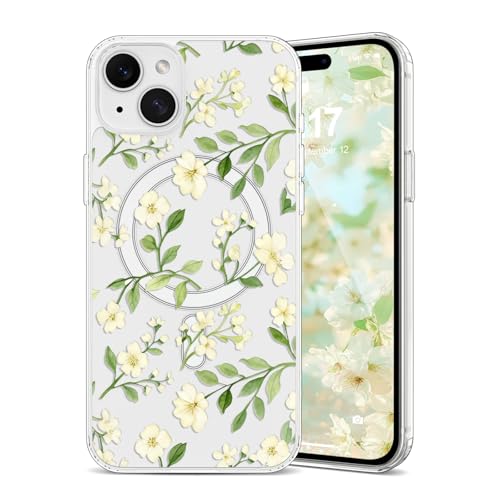 Coque iPhone 14 Plus fleurie beige pour style élégant de femme au quotidien