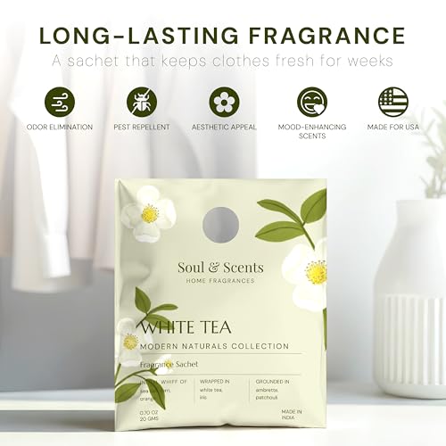 Image of Soul & Scents White Tea Fragrance Sachet | Refreshing Aroma of White Florals & Sea Breeze | Long-Lasting Air Freshener for Car, Wardrobe, Kitchen, and Travel Bag | Pack of 3-20gm Each