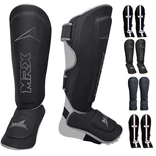 MRX BOXING & FITNESS Shin Guards Pads for Boxing MMA Muay Thai Kickboxing Training Workout Extra Padding with Deluxe Embossed Design Protective Gear Men Women Shin Protector Black/Silver