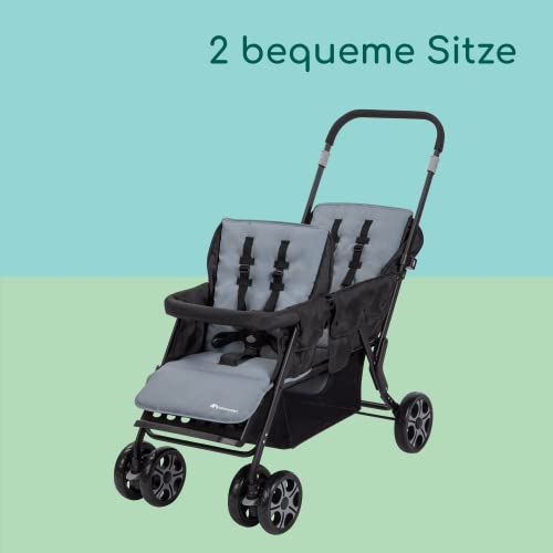 Bebeconfort Teamy Zwillings-Kinderwagen, Kompatker Geschwister-Kinderwagen, nutzbar ab der Geburst bis ca. 3,5 Jahre, 0-22 kg, Shadow Block